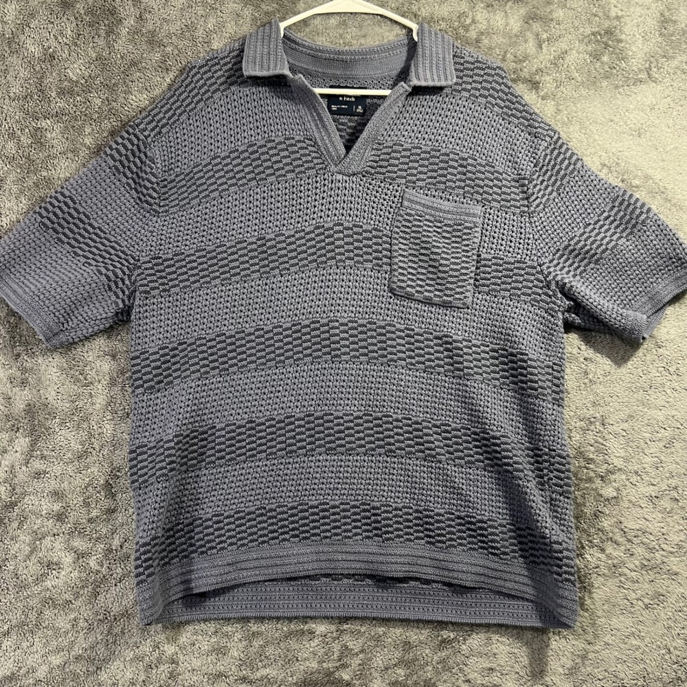 Abercrombie & Fitch Mens XL Blue Crochet Knit Short Sleeve Sweater Polo Shirt